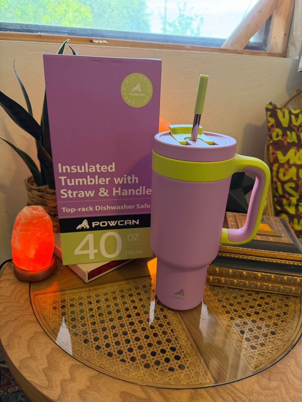 Powcan 40 oz Insulated Tumbler with Handle in Lavender and Lime